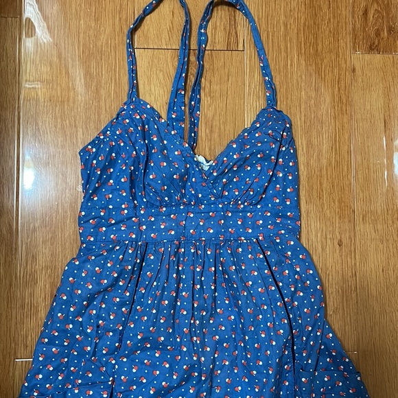 Women's Hollister Blue Polka Dot Summer Dress w/ Pockets and Scrunched Back - Picture 7 of 10